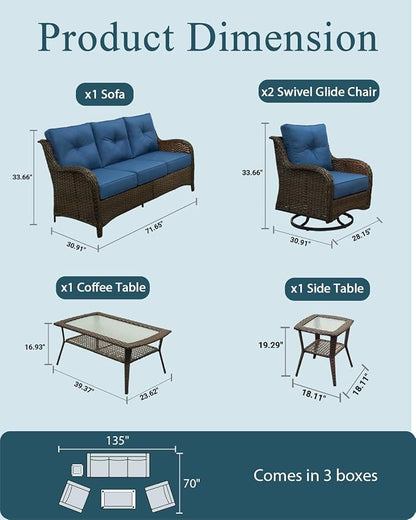 Patio Furniture Set, 5PCS Outdoor Wicker Conversation Set with 6" Thick Cushions, High Back Rattan Sofa & Swivel Rocker Chairs, Weather Resistant Olefin Fabric for Garden, Poolside, Navy Blue