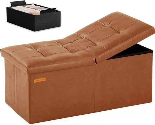 HAUSFRAU 31.5 Inches Ottoman with Storage, Folding Ottoman Bench Small Foot Rest Stool, Bedroom Bench with Flipping Lid, Faux Leather Retro Brown