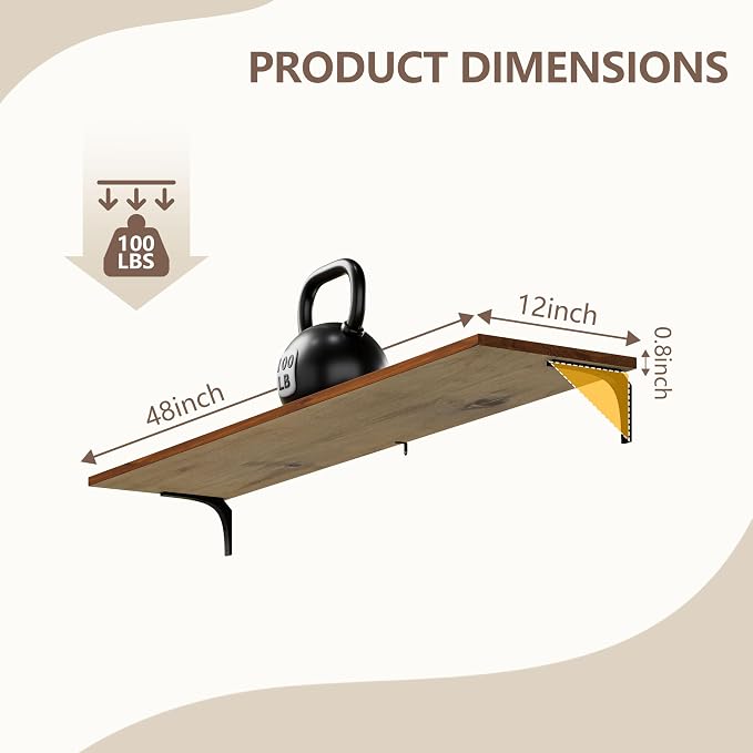 12 Inch Deep Floating Shelves Set of 4, 48 Inch Extra Wide Walnut Solid Wood Wall Shelves, 4ft Heavy Duty Farmhouse Wall Mounted Shelving for Kitchen, Living Room & Bedroom