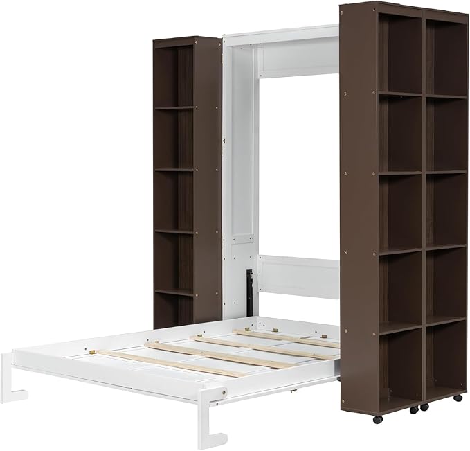 MERITLINE Queen Murphy Bed Cabinet with Storage Bookshelf Bookcase, Wood Hidden Foldable White Murphy Wall Bed with Storage Shelves for Adults