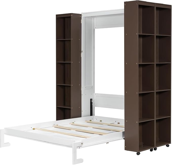 MERITLINE Folding Hidden Queen Murphy Bed Cabinet with Storage Bookcase Bookshelf, Wood Murphy Wall Bed with Storage Shelves Cabinet for Adults (Espresso)