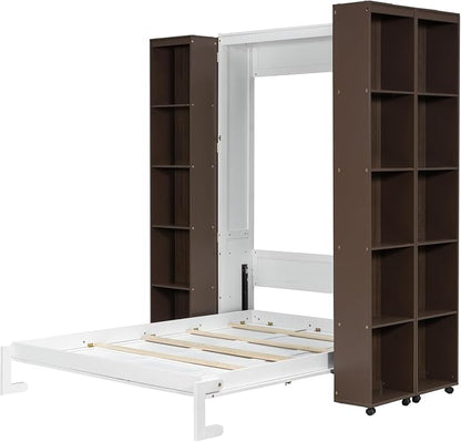 MERITLINE Folding Hidden Queen Murphy Bed Cabinet with Storage Bookcase Bookshelf, Wood Murphy Wall Bed with Storage Shelves Cabinet for Adults (Espresso)