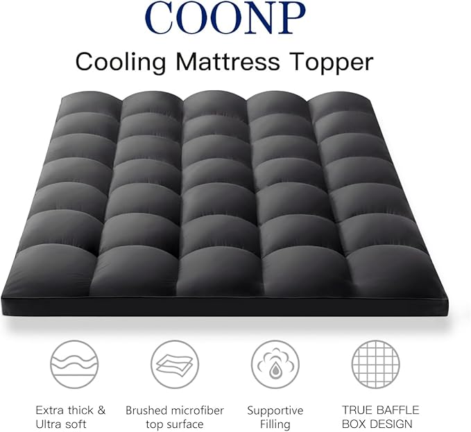 COONP King Mattress Topper, Extra Thick Pillowtop, Cooling Plush Mattress Pad Cover Bed Topper Protector with 8-21 Inch Deep Pocket (Black, King)