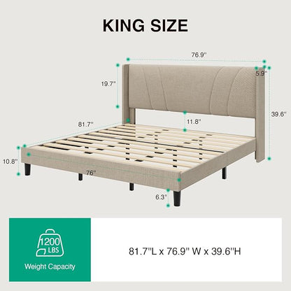 Novilla King Bed Frame, King Bed Frame with Headboard, Linen Upholstered Wing Side Headboard, No Box Spring Needed, Heavy Duty Feet, Easy Assembly, Beige