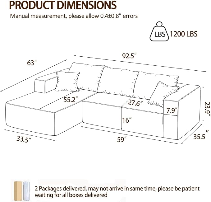 92.5" Modular Sectional Sofa, L-Shaped Cloud Couch with Deep Seat & Chaise, Premium Corduroy Boneless Couches for Living Room/Bedroom/Small Space,No Need Assembly,Beige(Left Facing Chaise)