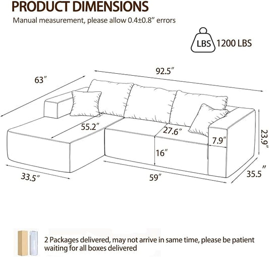 92.5" Modular Sectional Sofa, L-Shaped Cloud Couch with Deep Seat & Chaise, Premium Corduroy Boneless Couches for Living Room/Bedroom/Small Space,No Need Assembly,Beige(Left Facing Chaise)