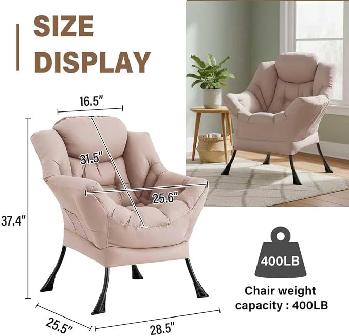 Lazy Chair for Living Room, Modern Soft Reading Chair Accent Contemporary Sofa Chair with Armrests and a Side Pocket for Bedroom, Dorm & Office, Khaki