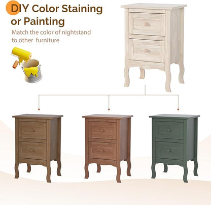 Bonnlo Solid Wood Nightstand Unfinished for Color DIY, Small Night Stand for Bedroom, Natural Wood Nightstand with Drawers, Light Wood Nightstand, Real Wooden Bed Side Table/End Table