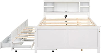 Merax Full Size Platform Bed with Storage Headboard, USB, Wood Bedframe with Twin Size Trundle and 3 Drawers, White