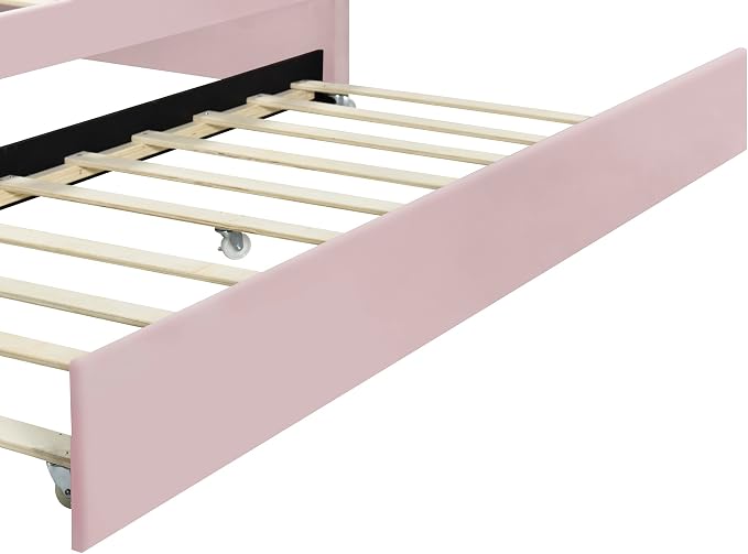Ball & Cast Full Size Daybed with Trundle,Velvet Upholstered Day Bed Frame Full with Shall Shaped Backrest and Wood Slat Support,No Box Spring Needed,Pink