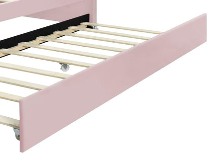 Ball & Cast Full Size Daybed with Trundle,Velvet Upholstered Day Bed Frame Full with Shall Shaped Backrest and Wood Slat Support,No Box Spring Needed,Pink