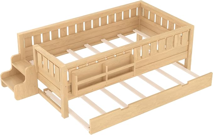 Bellemave Twin Kids Montessori Bed with Stairs, Bookshelf and Trundle, Solid Wood Kids Bed Frame with Storage for Boys Girls, Low Profile,Light Natural