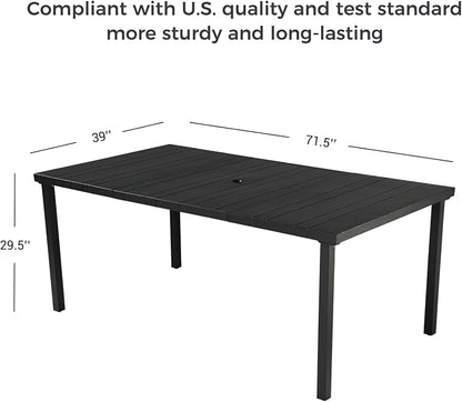 Grand patio Outdoor Dining Set for 6, 7 PCS Patio Table and Chairs Set, Metal Woven Wicker Fixed Patio Chairs with Thickened Cushions & 1 Rectangular Woodgrain Dining Table with Umbrella Hole (Brown)