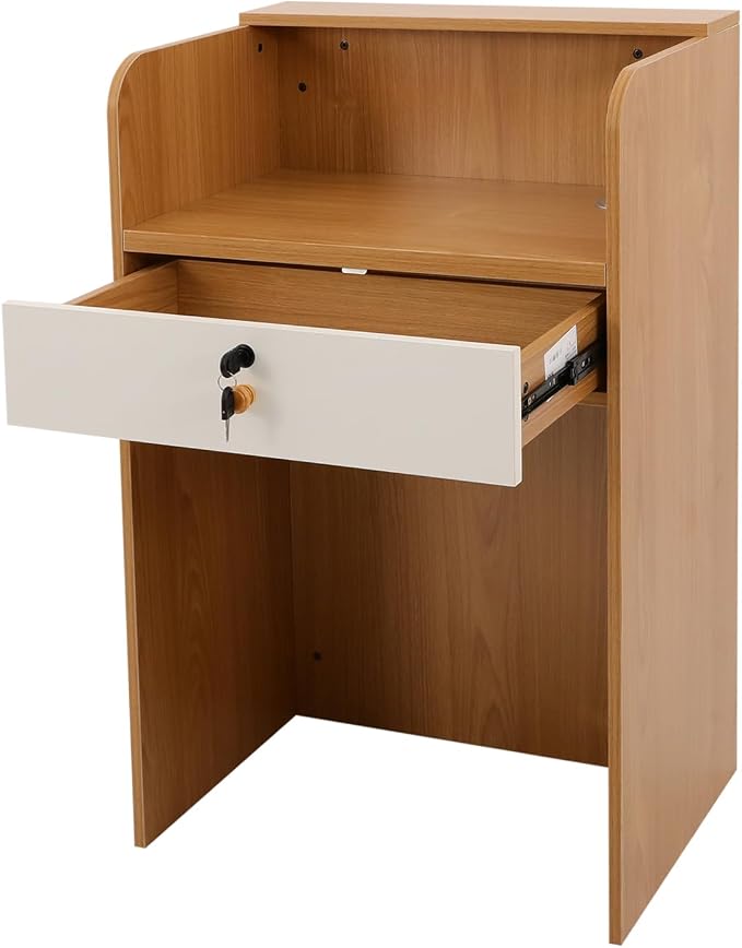 Reception Desk with Counter, Front Desk Reception Counter with LED Light & Lockable Drawer, Wooden Checkout Counter for Lobbies, Salons, Retail, Home Offices, Reception Room - Oak Color