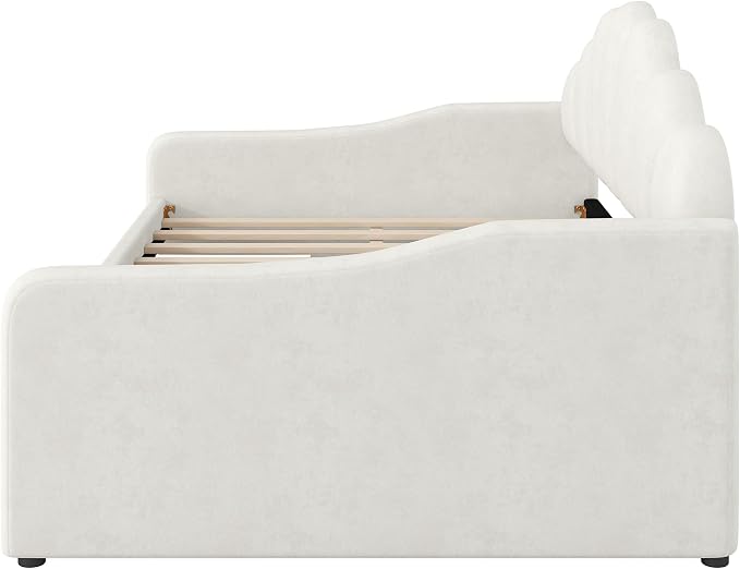Merax Full Size Modern Upholstered Sofa Day Bed with Shall Shaped Backrest & Storage Drawers, Mutifunction Platform Bed with Wood Slat Support,Velvet Storage Bed Frame with Headboard/Twin, White