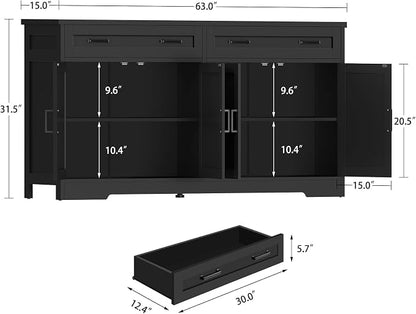 usikey 63" Buffet Cabinet with Storage, Large Sideboard Buffet Cabinet with 2 Adjustable Shelves and 4 Doors, Modern Farmhouse Coffee Bar for Kitchen, Living Room, Black