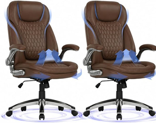 COLAMY High Back Executive Office Chairs Set of 2, Ergonomic PU Leather Desk Chairs with Flip-Up Armrests, Adjustable Height, Lumbar Support, Comfortable Computer Chairs for Home Office, Brown
