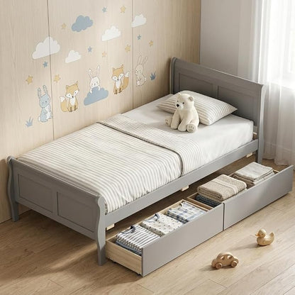 Giantex Twin Bed with 2 Storage Drawers, Wood Platform Bed with Headboard & Footboard, Wooden Slats Support Mattress Foundation, Twin Bed Frames for Kids Teens Adults, No Box Spring Needed (Grey)
