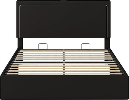 SHA CERLIN Full Size Hydraulic Lift-Up Storage Platform Bed Frame with Charging Station, RGB LED Lights, Adjustable Velvet Headboard, USB-A and USB-C Ports, No Box Spring Needed, Black