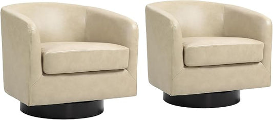 Faux Leather Swivel Barrel Accent Chairs Set of 2, Comfy Club Chair Upholstered Round Armchair for Lving Room, Cream