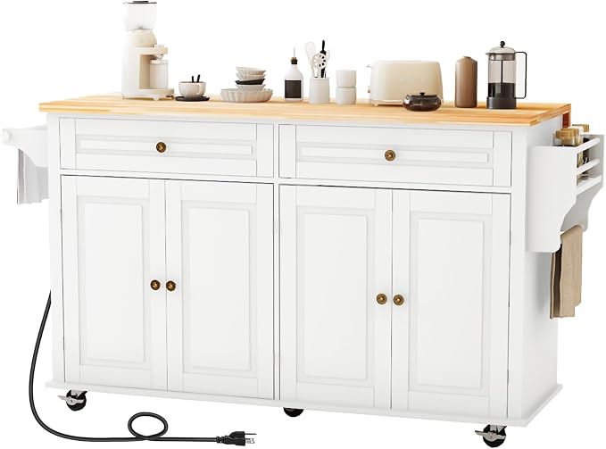 JassmiPkwy 67’’ Movable Kitchen Island with Drop Leaf and Power Outlet, Lockable Sliding Countertop Rolling Island Cart with 2 Large Drawers, Spice, Towel Rack,White