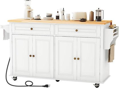 JassmiPkwy 67’’ Movable Kitchen Island with Drop Leaf and Power Outlet, Lockable Sliding Countertop Rolling Island Cart with 2 Large Drawers, Spice, Towel Rack,White