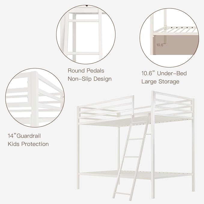 ikalido Metal Loft Bunk Bed Twin Over Twin Size with Ladder, Cream White | Safety Guardrail,No Box Spring Needed, Space Saving Bedroom Furniture