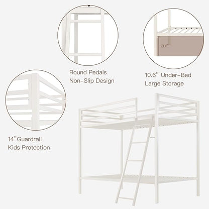 ikalido Metal Loft Bunk Bed Twin Over Twin Size with Ladder, Cream White | Safety Guardrail,No Box Spring Needed, Space Saving Bedroom Furniture