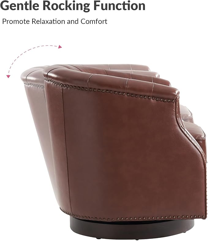 HULALA HOME Genuine Leather Swivel Accent Chair, Swivel Rocker Barrel Chair, Traditional Chesterfield Armchair with Button-Tufted Design, No Assembly Required, Brown
