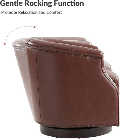 HULALA HOME Genuine Leather Swivel Accent Chair, Swivel Rocker Barrel Chair, Traditional Chesterfield Armchair with Button-Tufted Design, No Assembly Required, Brown