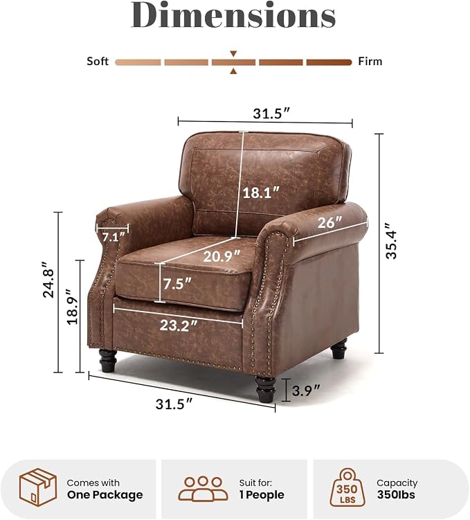 Kingfun Loveseat 2 Seater Couch with Chair, Mid Century Modern Faux Leather Sofa Set with Rolled Arms and Deep Seats, Fluffy Comfort for Living Room, Apartment, Easy Assembly, Dark Brown