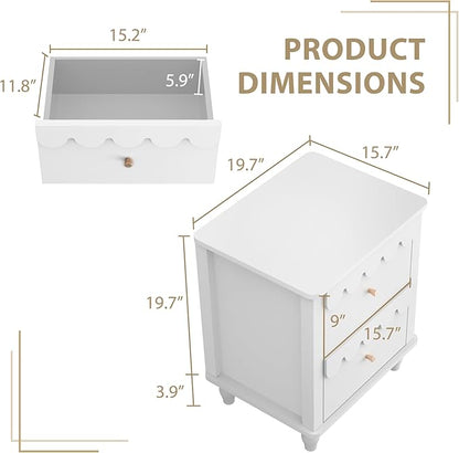 White Nightstand Side End Table with 2 Drawers, Modern Wood Night Stand with Petal Pattern for Bedroom, Scalloped Bedside Night Tables with Solid Wood Legs