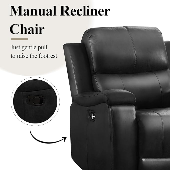 CANMOV Manual Recliner Chair, Classic Faux Leather Recliner Chair with Overstuffed Arms and Back, Manual Single Sofa with Concealed Cup Holders, Black