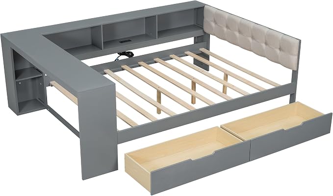 Bellemave Full Corner Bed Frame with Storage Shelves and Desk, Wood Full SizeDaybed with Bookcase and Drawers and Upholstered Headboard, Gray