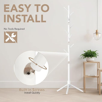 Hupmad Wooden Tree Coat Rack Stand,Sturdy Freestanding Coat Rack with 8 Hooks,3 Adjustable Height for Child Adult,Wood Coat Stand Tree Fits Entryway Bedroom Office for Bags,Hats, 2 Pack