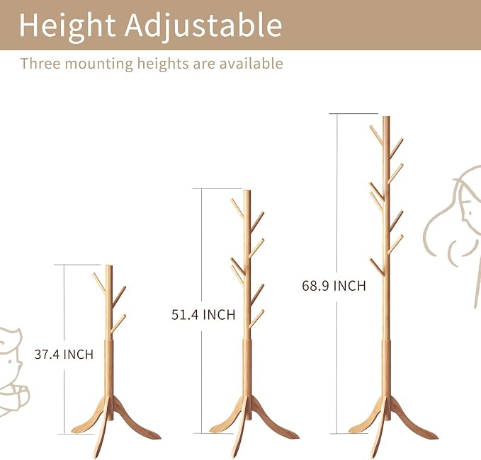 Coat Rack Freestanding, Coat Stands Entryway, Bamboo Coat Rack Hat Hanger 8 Hook for Jacket, Purse, Scarf Rack, Umbrella Tree Stand (Natural)