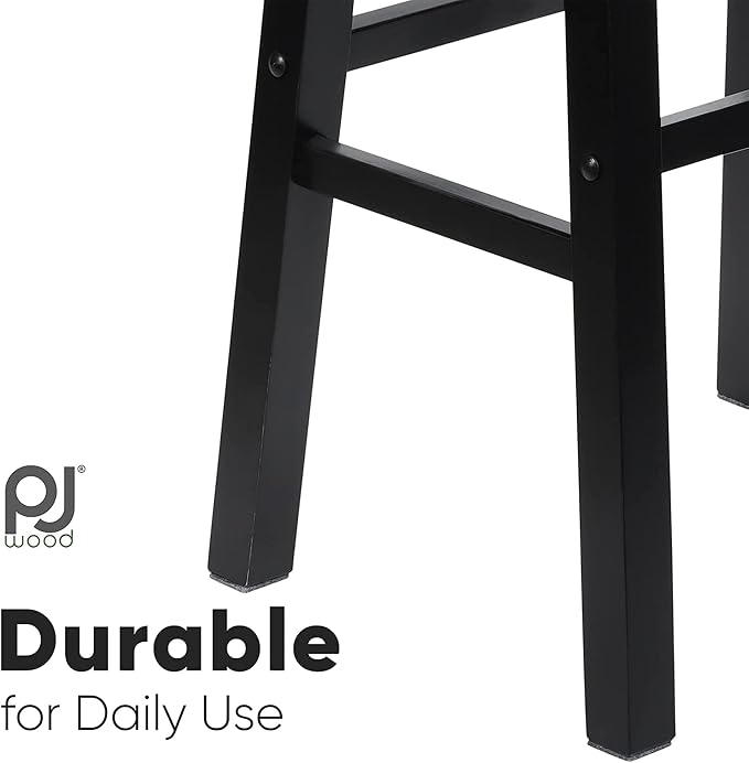 PJ Wood 24 Inch Single A Frame Classic and Modern Comfortable Wooden Bar Stool Saddle Seat with Built in Bars as Footrests, Black