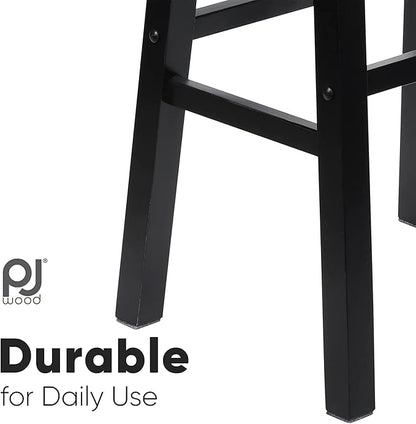 PJ Wood 24 Inch Single A Frame Classic and Modern Comfortable Wooden Bar Stool Saddle Seat with Built in Bars as Footrests, Black