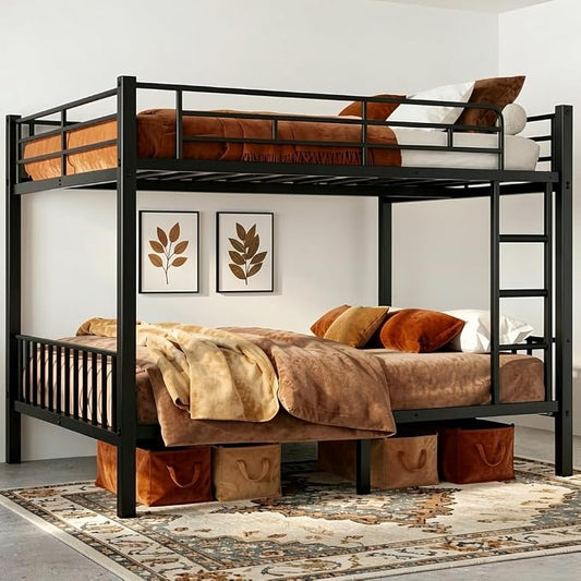 Mixcous Queen Over Queen Bunk Bed, Heavy Duty Metal Queen Bunk Bed Frame with Full-Length Guardrails & EVA Anti-Slip Ladder for Adults, Noise-Free, No Box Spring Needed, Black
