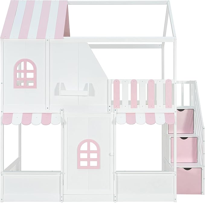 Merax Full Over Full Wood House Bunk Bed with Storage Staircase & Shelves, Floor Multifunction Bunk Bed with Full Length Gardrails for Bedroom,Playhouse Design, Roof & Door, Space Saving,White+Pink