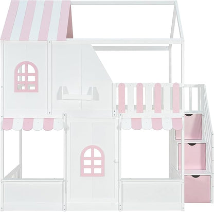 Merax Full Over Full Wood House Bunk Bed with Storage Staircase & Shelves, Floor Multifunction Bunk Bed with Full Length Gardrails for Bedroom,Playhouse Design, Roof & Door, Space Saving,White+Pink