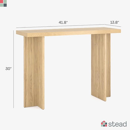 Stead Modern Console Table - Natural Oak, Fluted Solid Wood - Slim Entryway Table with Drawers & Curved Cross Base