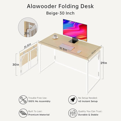 alawooder 31.5" Folding Desk: No Assembly, Wood Top for Small Spaces | Home office desk, holds 150 lbs, folds flat to 2.3 in, splash-proof wood top, sturdy metal frame