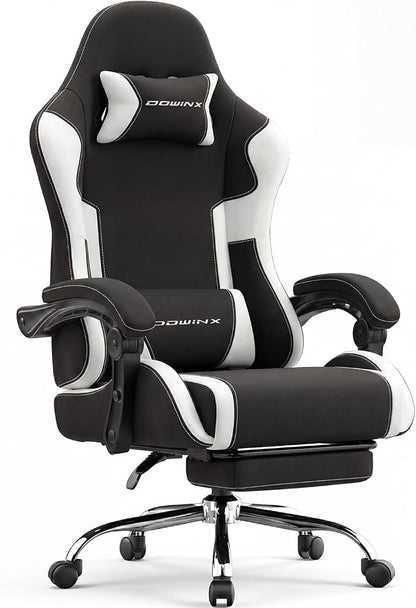 Dowinx Ergonomic Gaming Chair with Footrest & Massage Lumbar, 2D-Linkage Armrests for Computer Chair 330lbs with Headrest Pillow for Office, Home, Streaming and Long Gaming Sessions, Fabric White