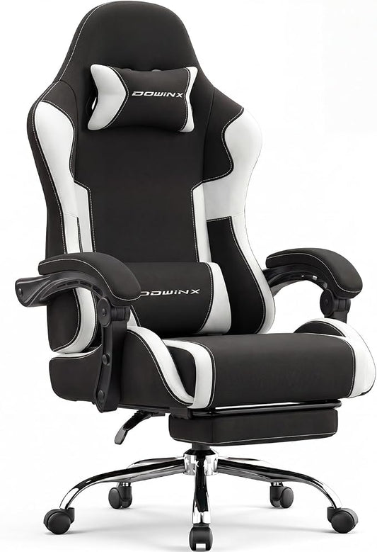Dowinx Ergonomic Gaming Chair with Footrest & Massage Lumbar, 2D-Linkage Armrests for Computer Chair 330lbs with Headrest Pillow for Office, Home, Streaming and Long Gaming Sessions, Fabric White