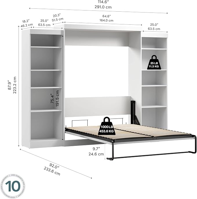Bestar Pur Queen Murphy Bed and 2 Shelving Units, 115-inch Space-Saving Sleeping Arrangement with Storage in White