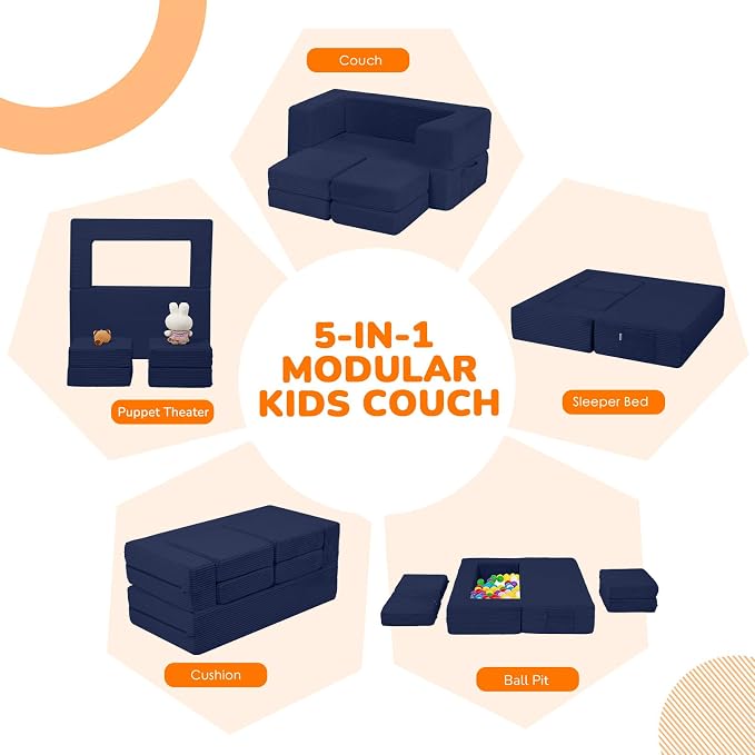 MeMoreCool Modular Kids Couch, Corduroy Play Toddler Couch for Bedroom Playroom Furniture, Convertible Foam Kids Sofa Bed, Fold Out Baby Sofa for Girl Boy, Navy
