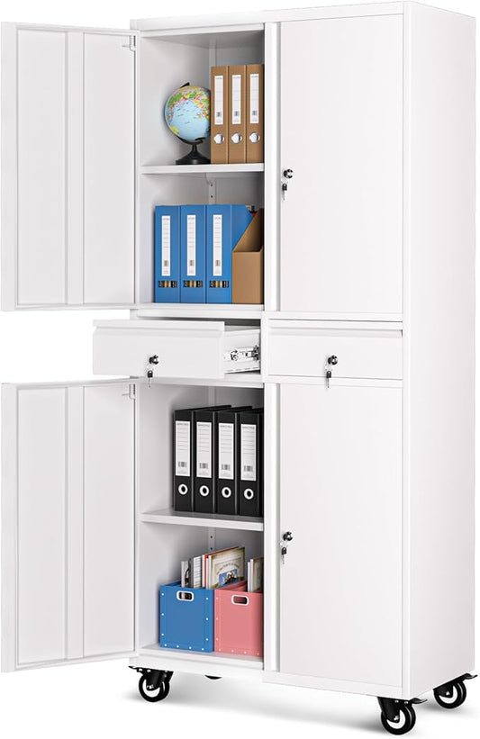 Metal Storage Cabinet with Wheels, 72” Rolling Garage Organizer with Locking Doors & 2 Drawers, Heavy Duty Steel Tool Cabinet with 3 Adjustable Shelves, Lockable Filing Cabinet for Home Office
