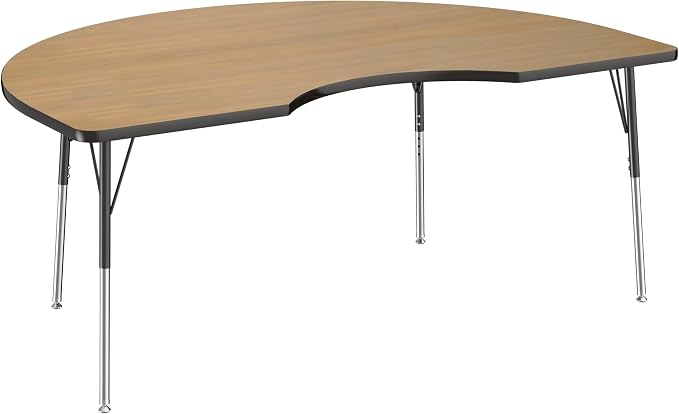 FDP Kidney (48 x 72 inch) Collaborative Classroom Table with Adjustable Standard Swivel Glide Legs (19-30 in); School and Office Furniture - Pasadena Oak Top/Black Edge and Legs