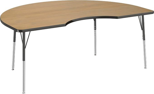 FDP Kidney (48 x 72 inch) Collaborative Classroom Table with Adjustable Standard Swivel Glide Legs (19-30 in); School and Office Furniture - Pasadena Oak Top/Black Edge and Legs